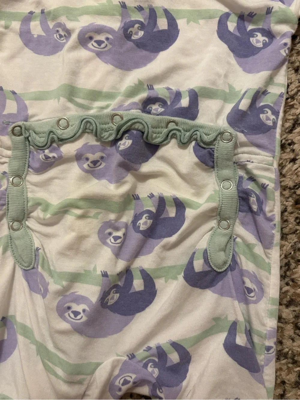 Kickee Pants Lavender Sloth Print Ruffle Footie with Mint Accents